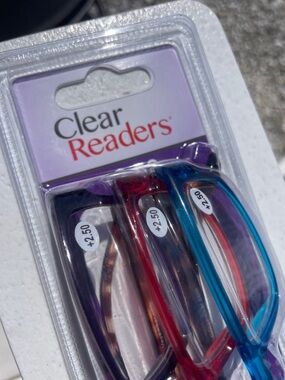 Clear Readers 3-Pair Reading Glasses Pack - Purple, Red, Blue. +2.50